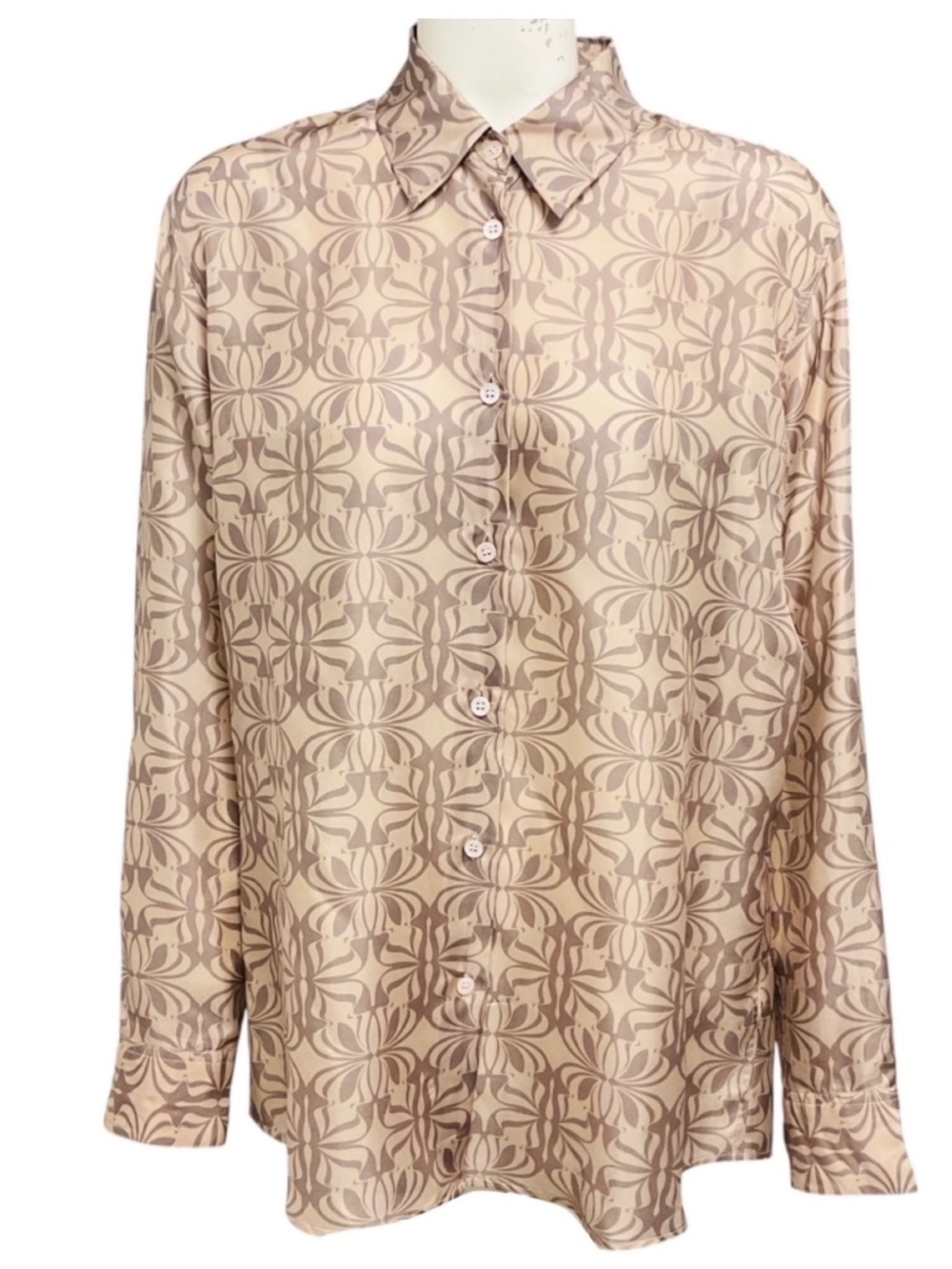 DRIES VAN NOTEN BLUSH PINK / MAUVE PRINTED BUTTON FRONT SILK BLOUSE